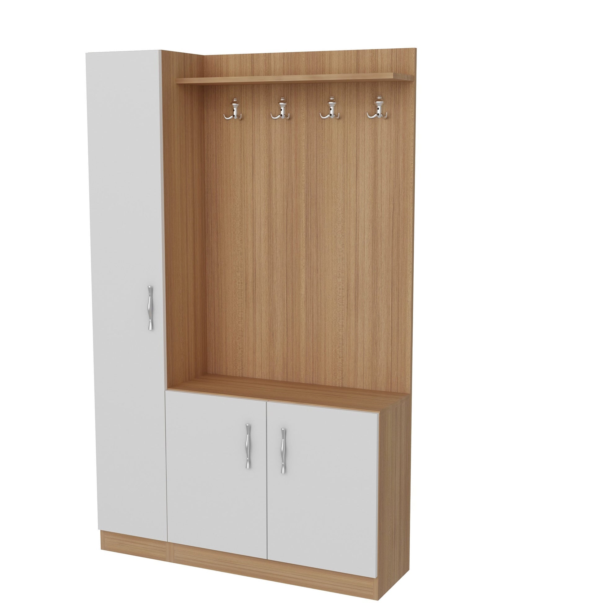 Conjunto de Entrada Naturel - Sapateira, Cabide e Banco – 110x31,8x180 cm – Branco e Teca – Design Moderno