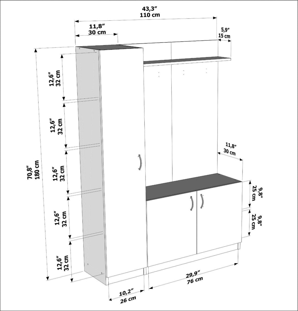 Conjunto de Entrada Naturel - Sapateira, Cabide e Banco – 110x31,8x180 cm – Branco e Teca – Design Moderno