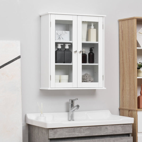 Kleanklin Armário Casa de Banho de Parede com 2 Portas de Cristal Armário Suspenso com Prateleiras Ajustáveis em Altura Multiuso para Cozinhas Sala de Estar 55x20x65cm Branco