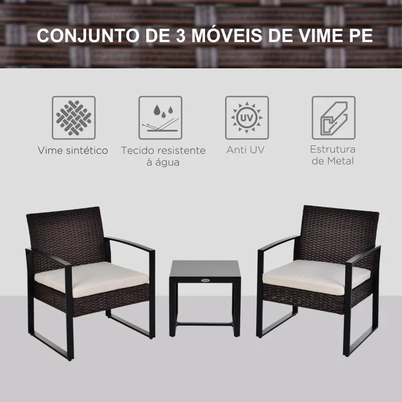 Conjunto de Móveis de Jardim de Vime 3 Peças com 1 Mesa 42,5x40x39 cm 2 Poltronas 63x57x76 cm Almofada Acolchoada para Pátio Varanda Marrom
