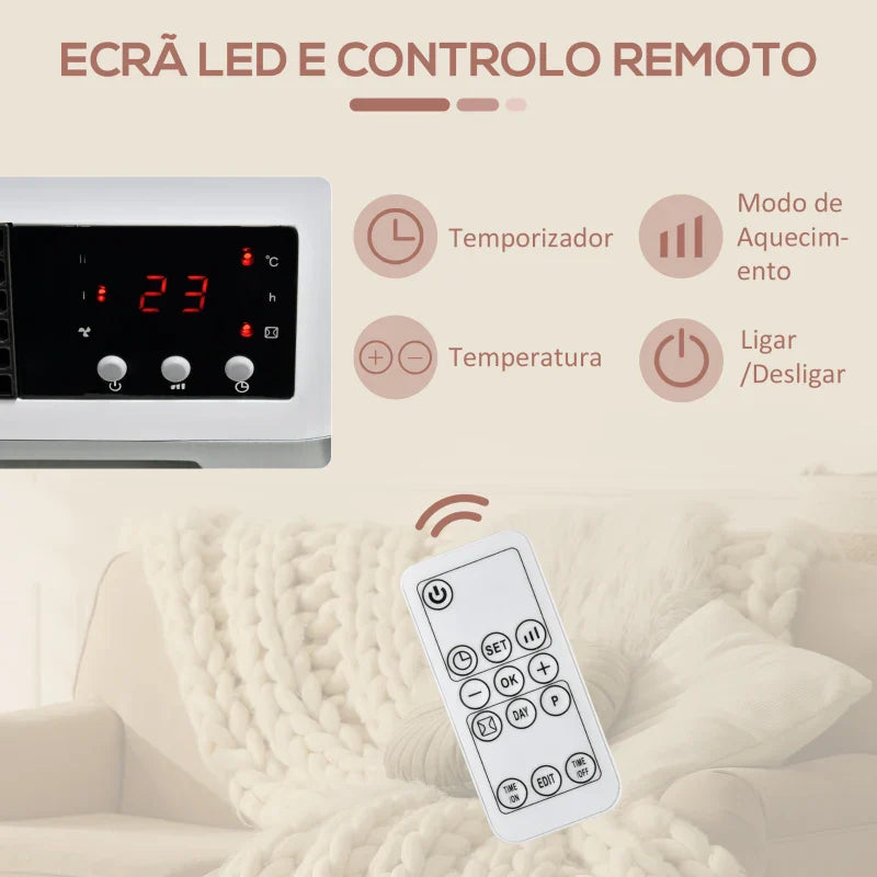 Aquecedor Cerâmico de Parede 1000W/2000W com Controle Remoto 3 Modos de Aquecimento Temporizador de 12h Termostato e Proteção contra Superaquecimento 45x18,6x11,5cm Branco