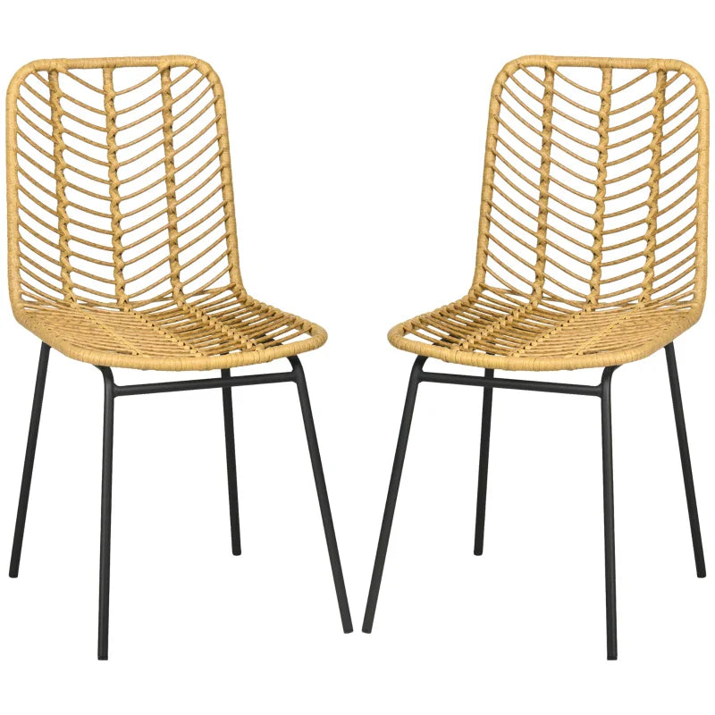 Conjunto de 2 Cadeiras Sala de Jantar de Vime Sintético Cadeiras de Cozinha de Vime com Pés de Aço para Sala de Jantar Dormitório Carga 120 kg 44x58x85 cm Madeira e Preto