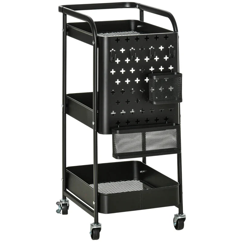 Carrinho de Cozinha com Rodas Carrinho de Armazenamento de 3 Níveis com 4 Ganchos 2 Cestas Alça de Transporte e Rodas com Freio para Casa de Banho Escritório Dormitório 51,5x32x75,6cm Preto