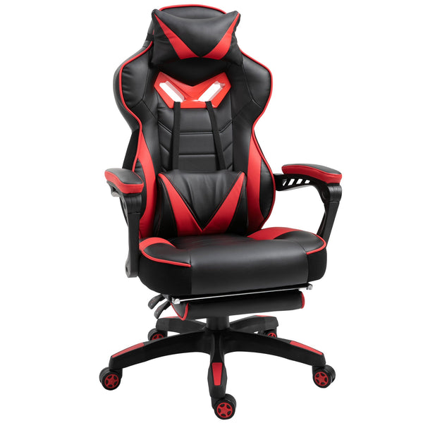 Cadeira de escritorio gaming ergonômica Altura ajustável Reclinável Encosto com apoio para pés Encosto de cabeça Almofada lombar Rodas 65x70x118,5-126,5 cm Vermelho e Preto