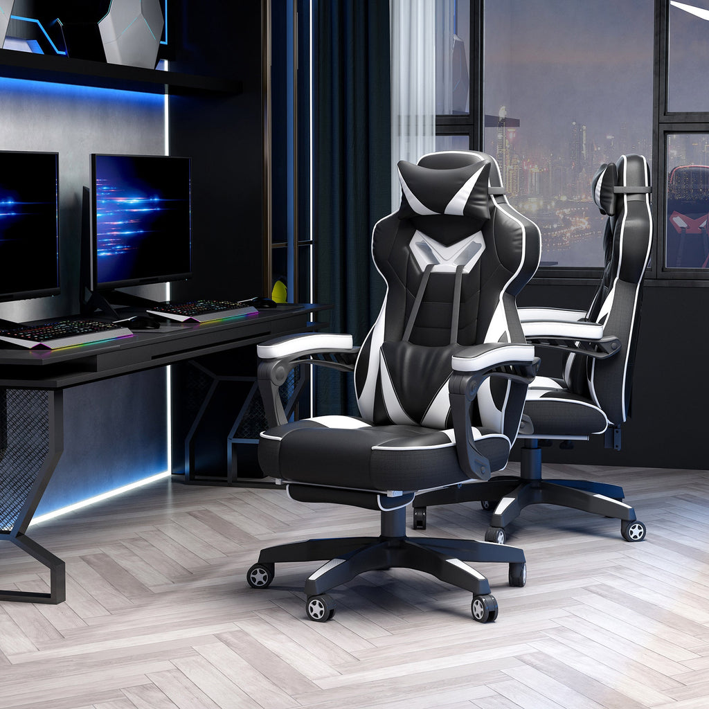 Cadeira de escritorio gaming ergonômica Altura ajustável Reclinável Encosto com apoio para pés Encosto de cabeça Almofada lombar Rodas 65x70x118,5-126,5 cm Branco e Preto