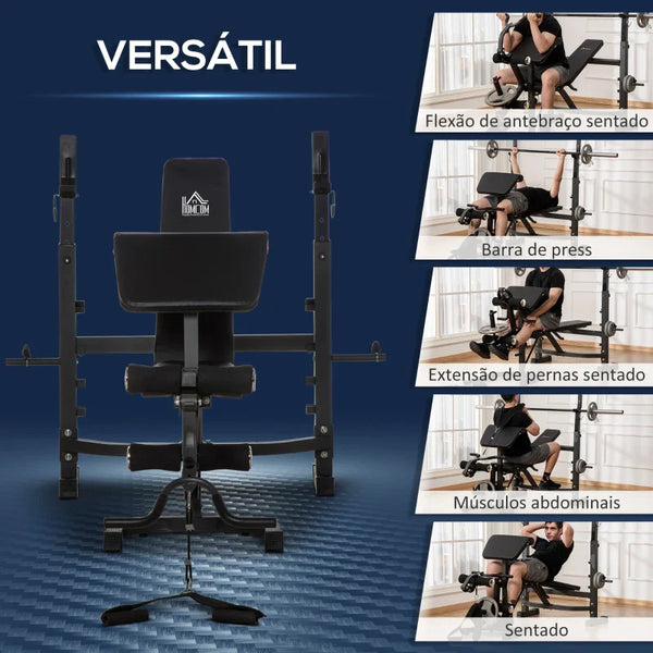 Banco de Musculação Multifuncional Banco de Pesos com Encosto Inclinável e Suporte de Barras com Altura Ajustável para Treinamento do Corpo Completo 187x140x117-136cm Preto