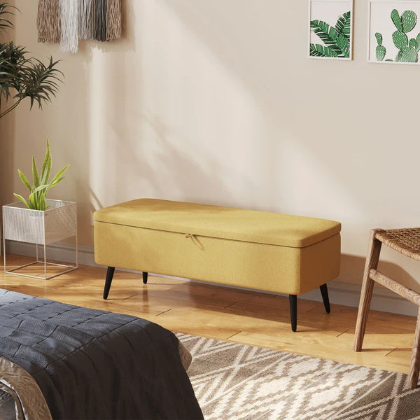 Banco de Armazenamento Estofado em Linho com Tampa Abatível e Pés de Aço para Dormitório Sala de Estar Entrada Carga Máxima 150kg 101x38,5x44,5 cm Amarelo