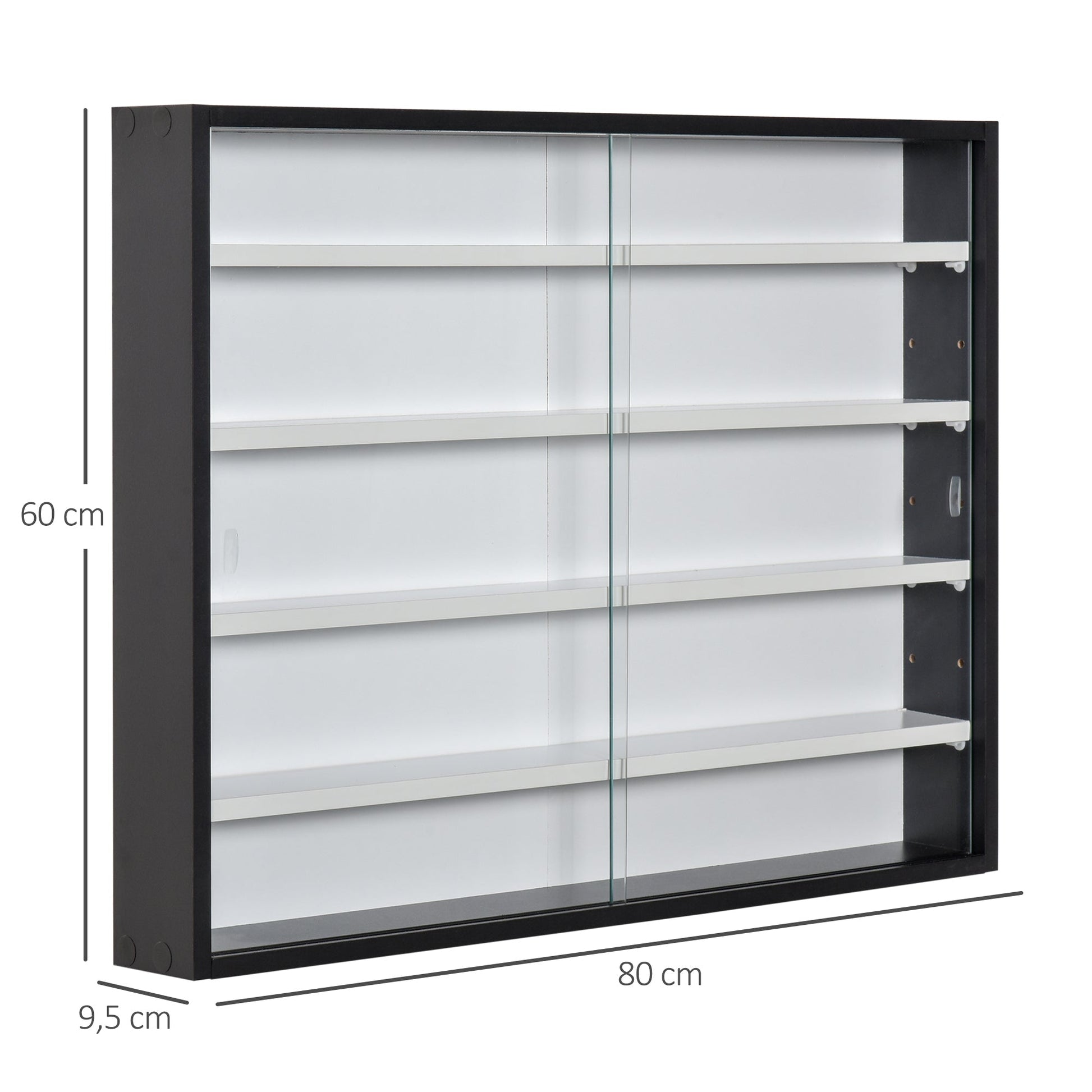 Vitrine de Parede de Madeira com Prateleiras Ajustáveis e 2 Portas Corredeiras de Vidro para Coleções Perfumes Bonecos de Decoração 80x9,5x60cm Preto