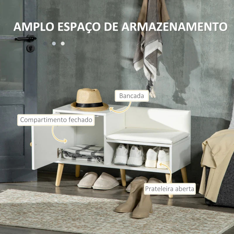 Banco Sapateira com Compartimento Aberto e Almofada Acolchoada para 4 Pares de Sapatos para Entrada Corredor 80x33x49cm Branco
