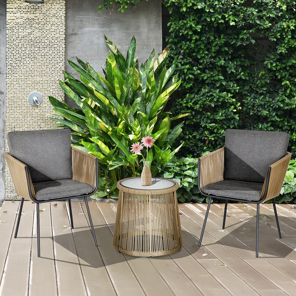 Conjunto de Móveis de Vime Conjunto de Móveis para Jardim 3 Peças Mesa Redonda e 2 Poltronas com Almofadas Acolchoadas Pátio Terraço Cinza Claro e Marrom