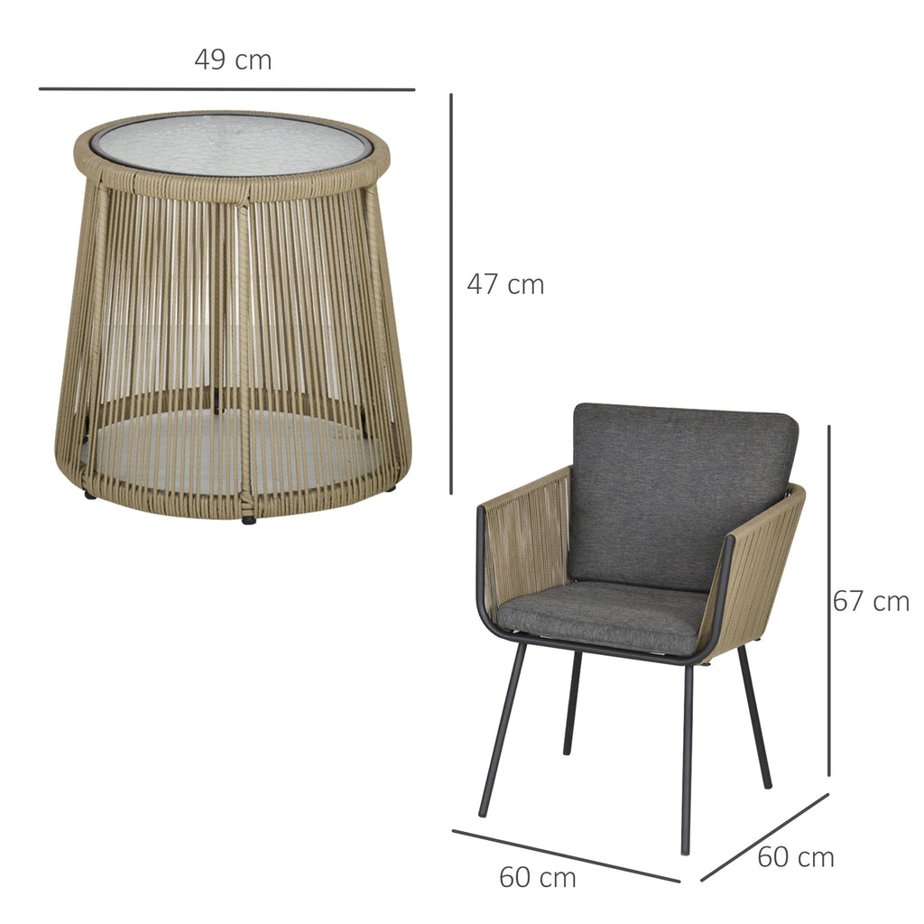 Conjunto de Móveis de Vime Conjunto de Móveis para Jardim 3 Peças Mesa Redonda e 2 Poltronas com Almofadas Acolchoadas Pátio Terraço Cinza Claro e Marrom