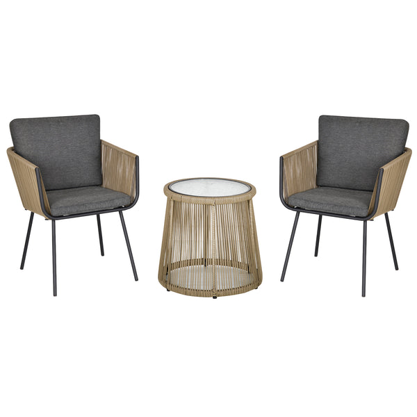 Conjunto de Móveis de Vime Conjunto de Móveis para Jardim 3 Peças Mesa Redonda e 2 Poltronas com Almofadas Acolchoadas Pátio Terraço Cinza Claro e Marrom