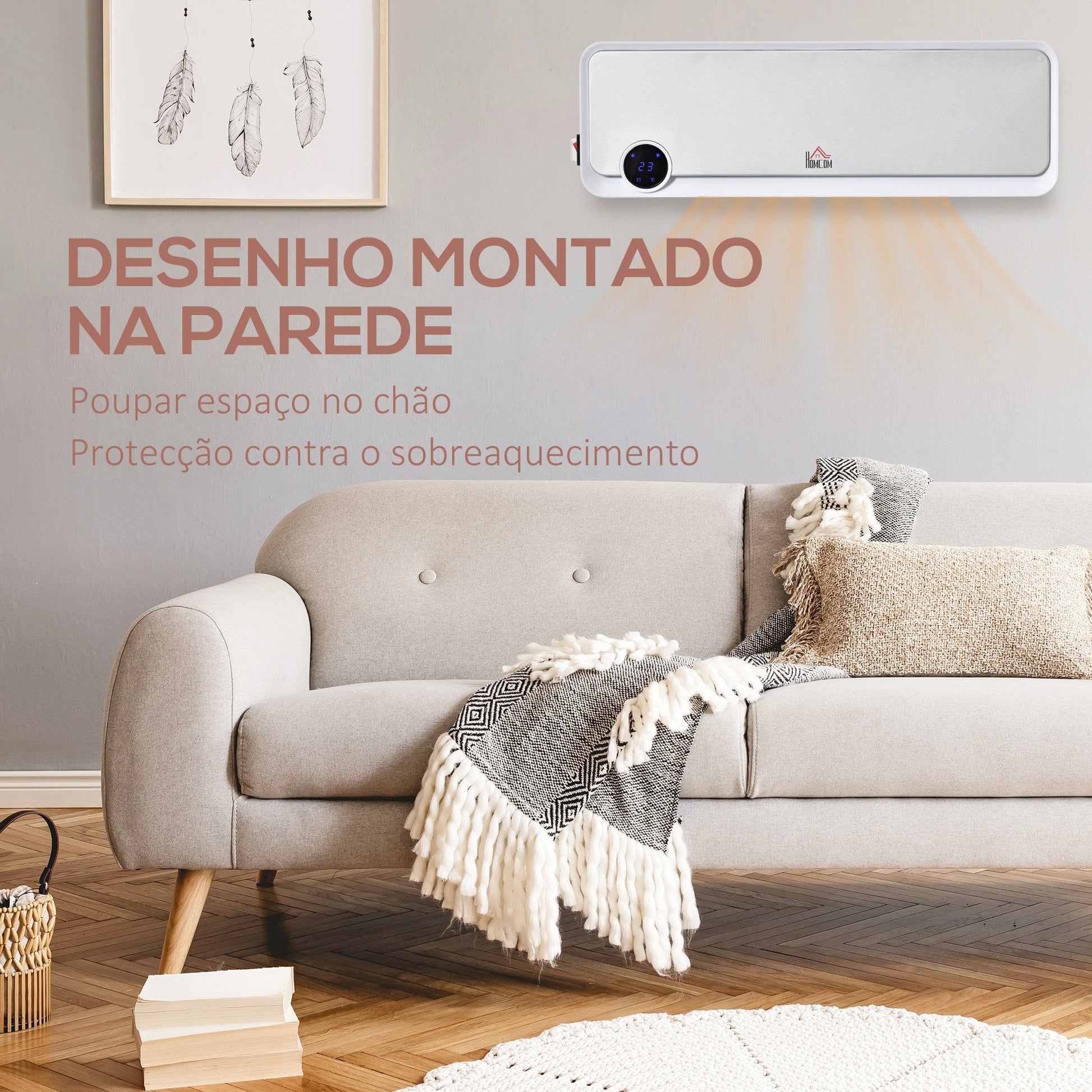 Aquecedor Cerâmico de Parede 1000W/2000W com Controle Remoto Tela LED Temporizador de 12h Termostato e Proteção contra Superaquecimento 56x18,5x11,7cm Branco