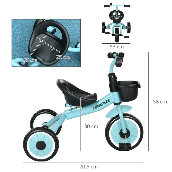 AIYAPLAY Triciclo para Crianças de 2 a 5 anos Triciclo Infantil com Assento Ajustável Cesta Buzina e Pedais e 3 Rodas Carga Máxima 25 kg 70,5x53x58 cm Azul