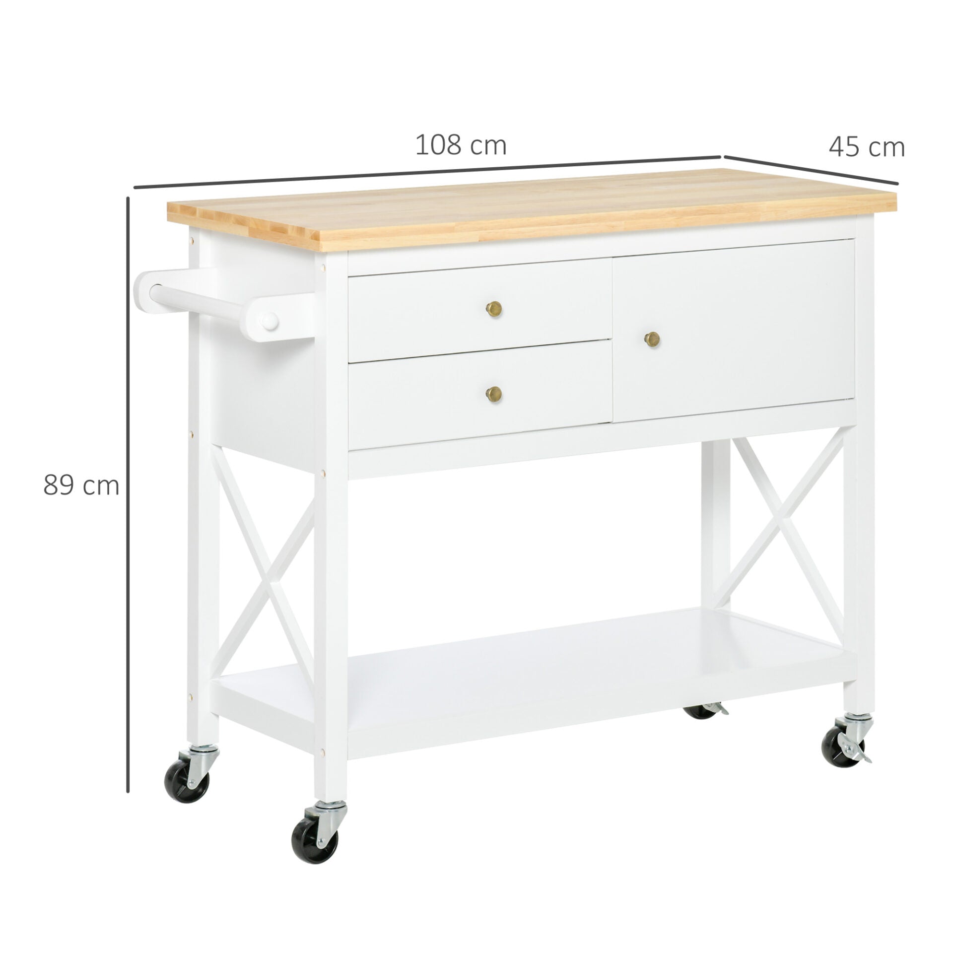Carrinho de Cozinha com Rodas Aparador Multifuncional com Armário 2 Gavetas Prateleira e Barra para Panos 108x45x89cm Branco