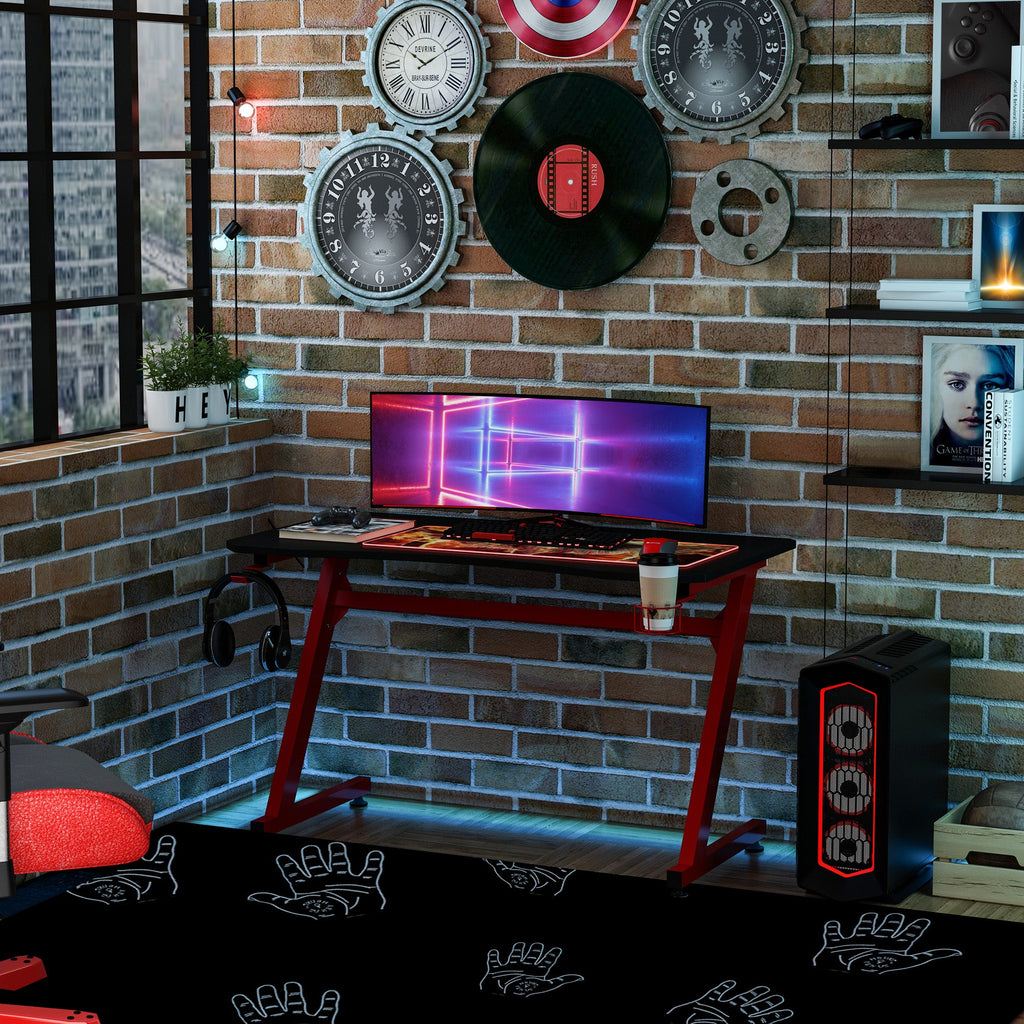 Secretária Gaming 120x65x74,5cm Secretária Gaming para Computador com Suporte para Copos Gancho para Fones de Ouvido e Pés Ajustáveis com Efeito de Fibra de Carbono Preto e Vermelho