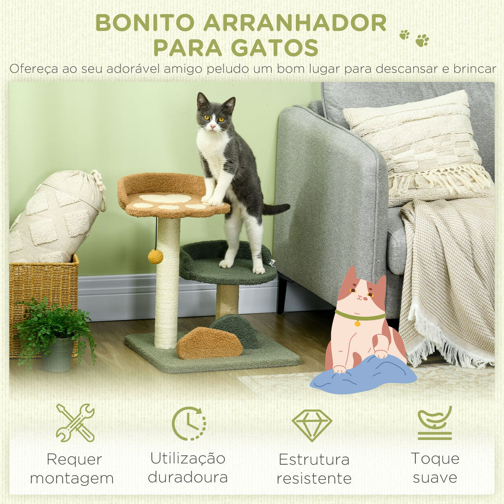 PawHut Arranhador para Gatos Pequeno com 52 cm Torre para Gatos Centro de Atividades para Gatos com Cama Poste de Sisal e Bola Suspensa 43x39x52 cm Multicor