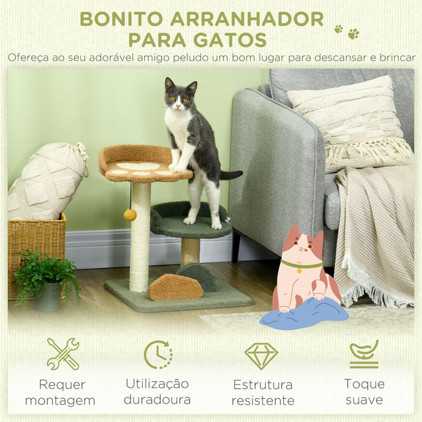 PawHut Arranhador para Gatos Pequeno com 52 cm Torre para Gatos Centro de Atividades para Gatos com Cama Poste de Sisal e Bola Suspensa 43x39x52 cm Multicor
