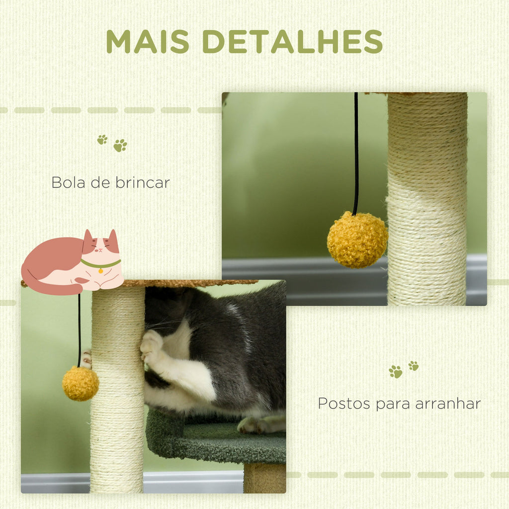 PawHut Arranhador para Gatos Pequeno com 52 cm Torre para Gatos Centro de Atividades para Gatos com Cama Poste de Sisal e Bola Suspensa 43x39x52 cm Multicor