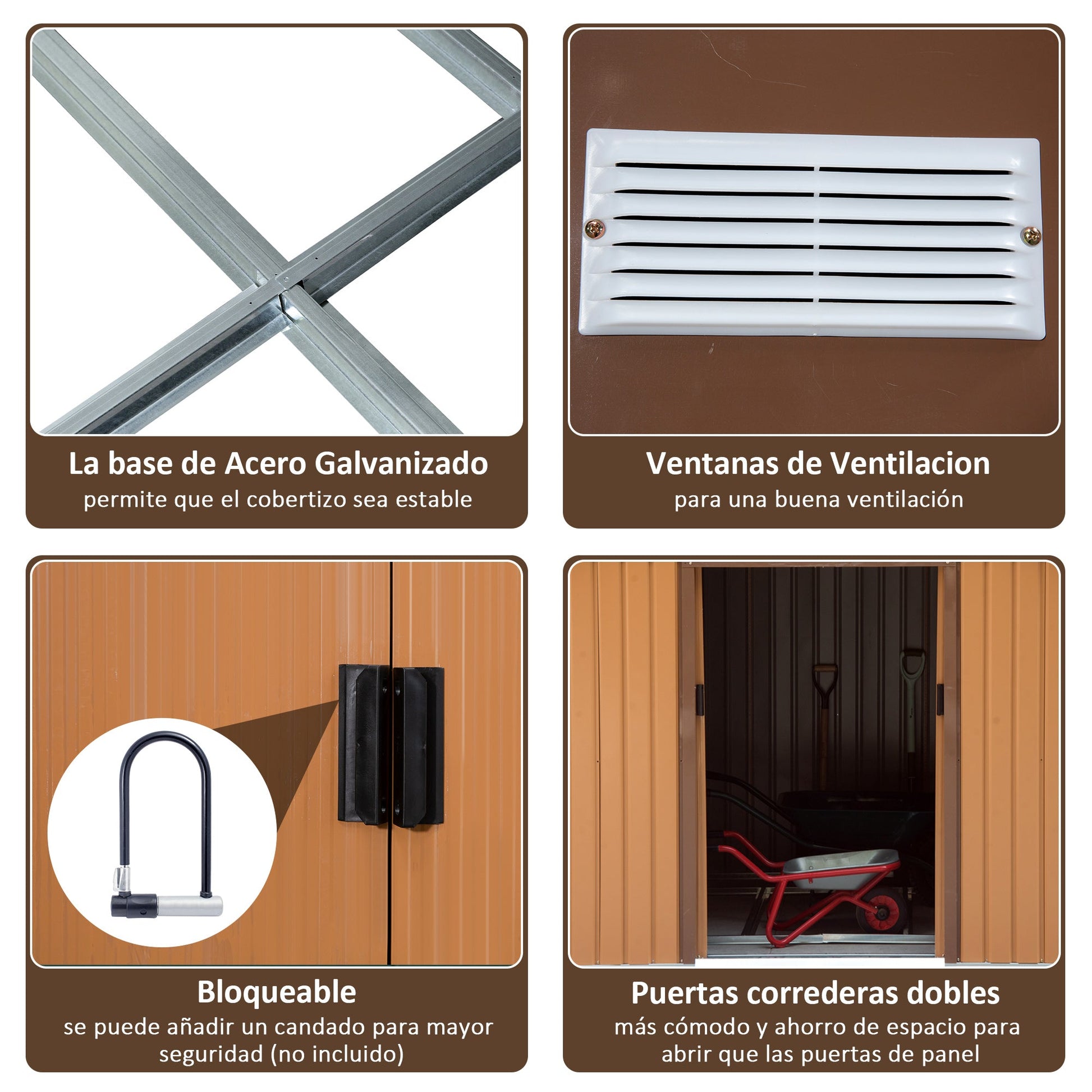 Abrigo de Jardim Exterior 4,83m² 277x195x192cm Abrigo de Jardim Metálico para Armazenamento de Ferramentas com Base de Reforço Incluída e 4 Janelas Marrom