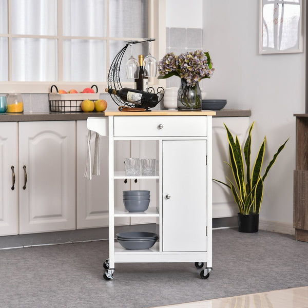 Carrinho de Cozinha Carrinho de Serviço Multifuncional com 1 Gaveta 1 Armário 3 Prateleiras Abertas para Armazenamento 66x39,5x86,5 cm Branco