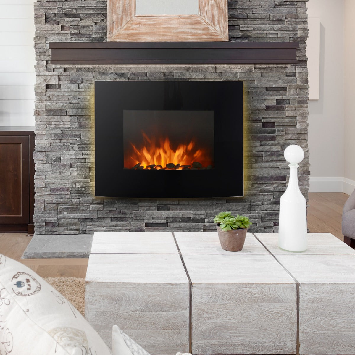Lareira Elétrica de Parede com Efeito de Chamas Realistas e Luzes LED em 7 Cores com Controlo Remoto Potência 900W/1800W 65x11,4x52cm Preto