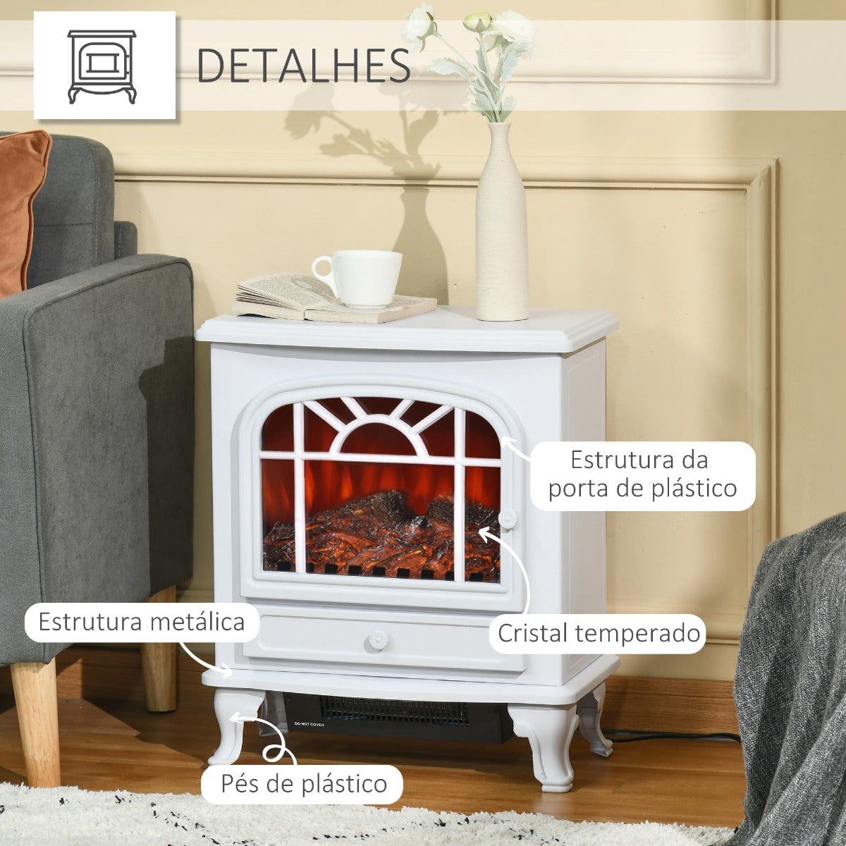 Lareira Elétrica de Aquecimento com Chama Realista e Termostato Ajustável - 1000/2000W - Leva-Me Contigo - Móveis & Decoração