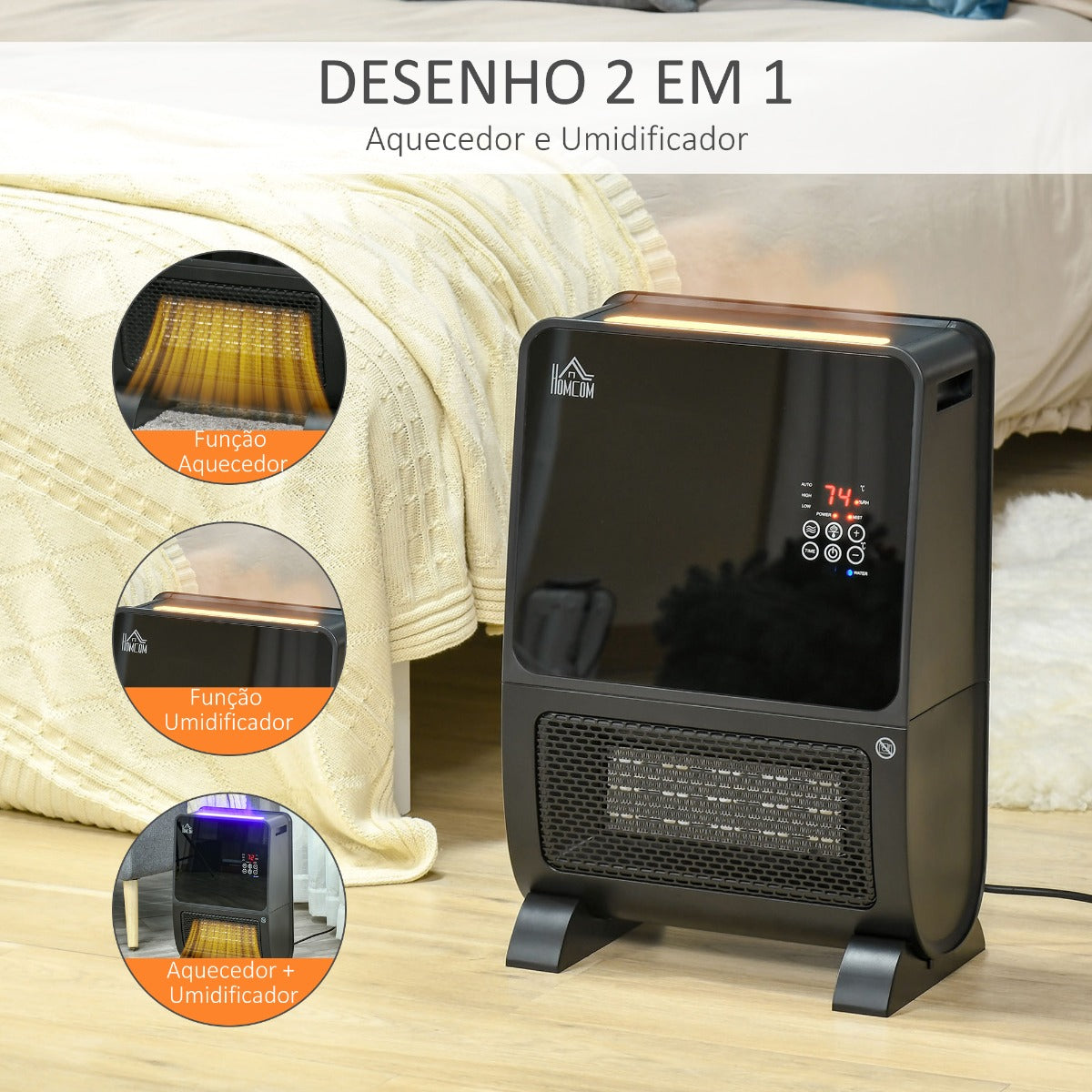 Aquecedor Elétrico com Humidificador com Controlo Remoto e Temporizador - 2000W - Leva-Me Contigo - Móveis & Decoração