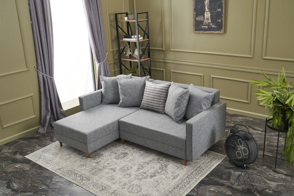 Sofá-Cama Chaise Longue Esquerdo "Monaco" - Cinzento Claro - 215x80x150 cm - Estrutura em Madeira de Faia - Design Moderno