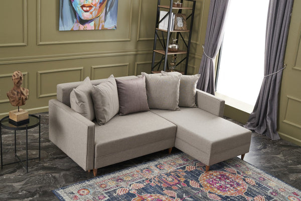 Sofá-Cama Chaise Longue Direito "Monaco" - Creme - 215x80x150 cm - Estrutura em Madeira de Faia - Design Moderno