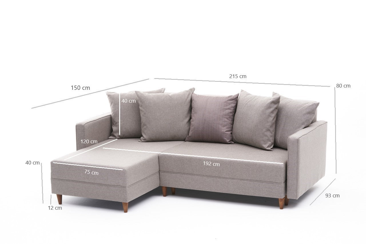 Sofá-Cama Chaise Longue Esquerdo "Monaco" - Creme - 215x80x150 cm - Estrutura em Madeira de Faia - Design Moderno