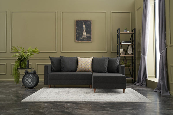 Sofá-Cama Chaise Longue Direito "Monaco" - Cinzento Escuro - 215x80x150 cm - Estrutura em Madeira de Faia - Design Moderno