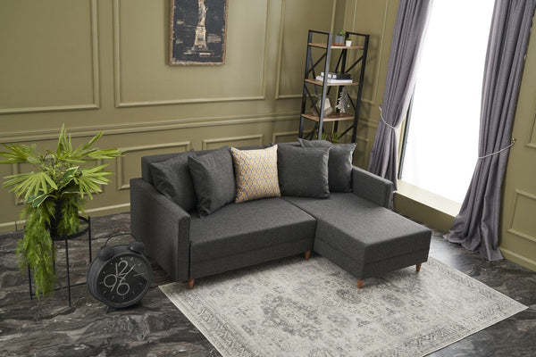 Sofá-Cama Chaise Longue Direito "Monaco" - Cinzento Escuro - 215x80x150 cm - Estrutura em Madeira de Faia - Design Moderno