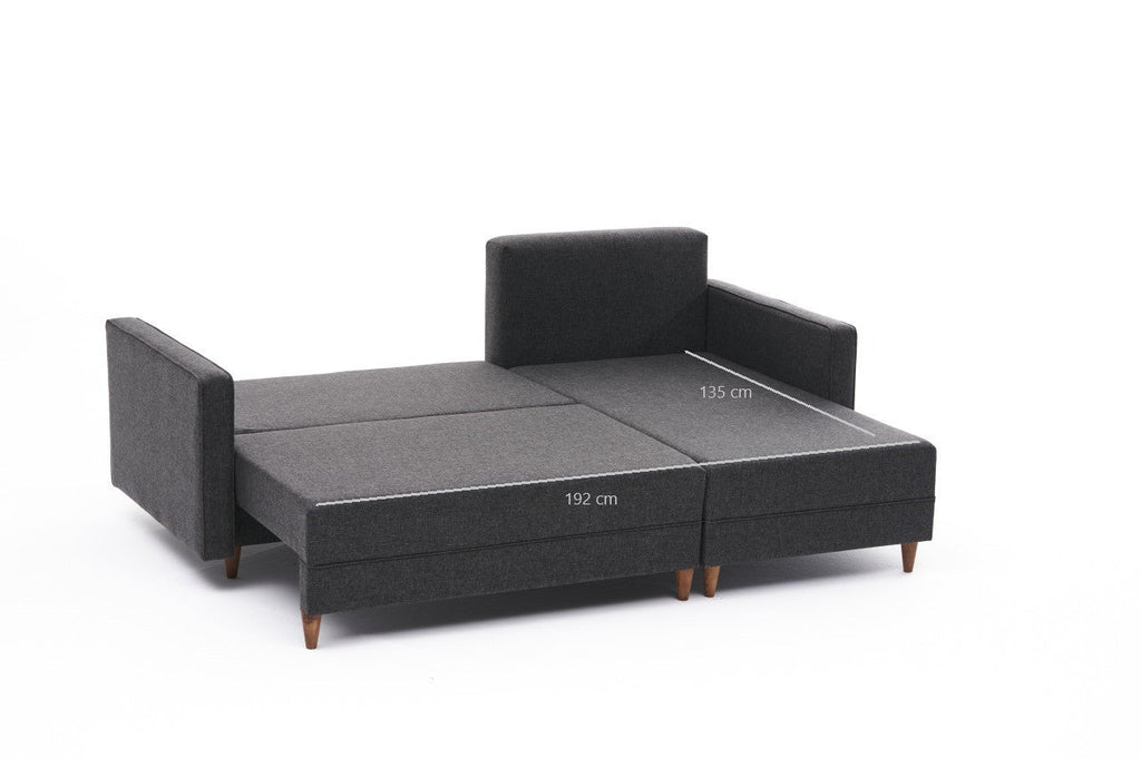 Sofá-Cama Chaise Longue Direito "Monaco" - Cinzento Escuro - 215x80x150 cm - Estrutura em Madeira de Faia - Design Moderno