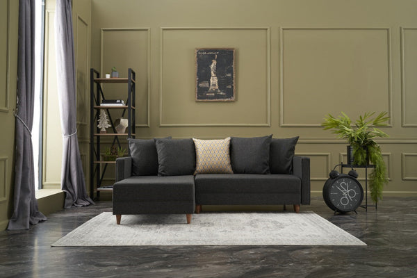 Sofá-Cama Chaise Longue Esquerdo "Monaco" - Cinzento Escuro - 215x80x150 cm - Estrutura em Madeira de Faia - Design Moderno