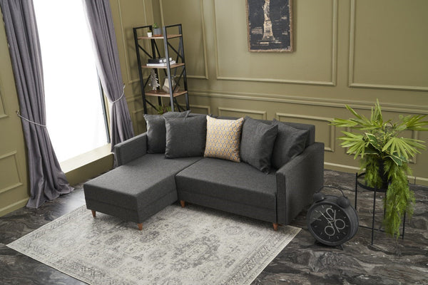 Sofá-Cama Chaise Longue Esquerdo "Monaco" - Cinzento Escuro - 215x80x150 cm - Estrutura em Madeira de Faia - Design Moderno