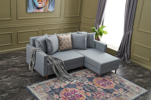 Sofá-Cama Chaise Longue Direito "Monaco" - Azul - 215x80x150 cm - Estrutura em Madeira de Faia - Design Moderno