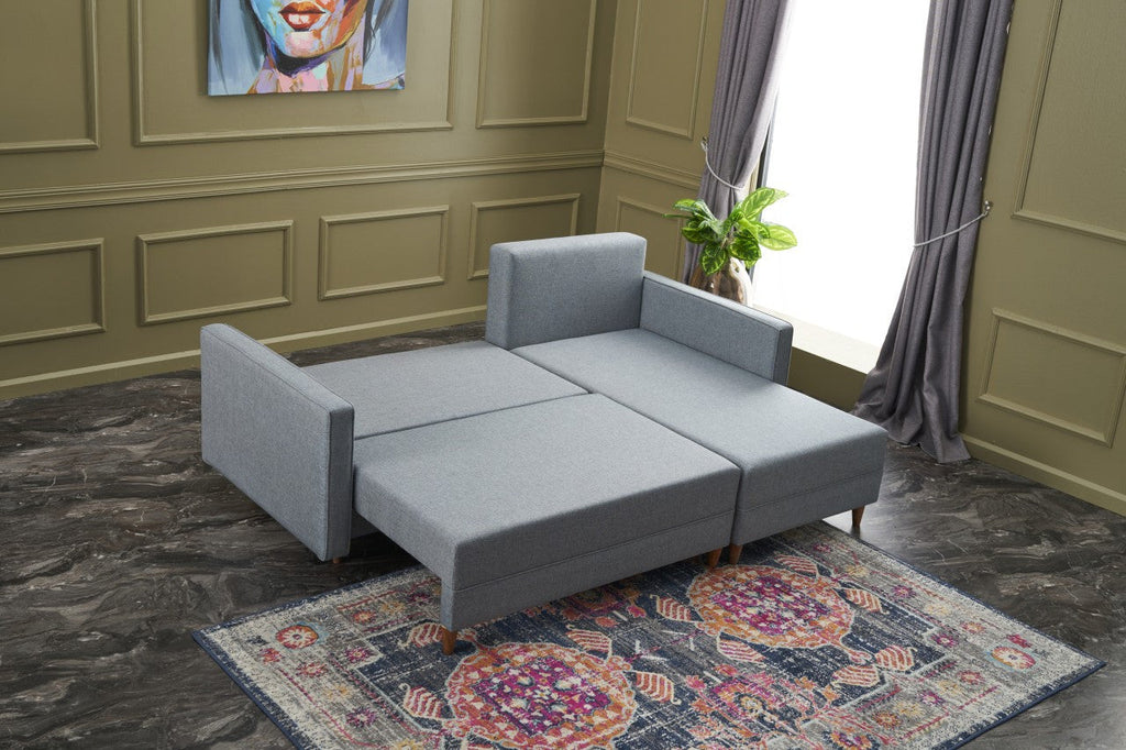 Sofá-Cama Chaise Longue Direito "Monaco" - Azul - 215x80x150 cm - Estrutura em Madeira de Faia - Design Moderno