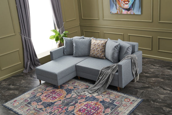 Sofá-Cama Chaise Longue Esquerdo "Monaco" - Azul - 215x80x150 cm - Estrutura em Madeira de Faia - Design Moderno