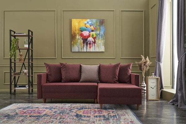 Sofá-Cama Chaise Longue Direito "Monaco" - Vermelho Tinto - 215x80x150 cm - Estrutura em Madeira de Faia - Design Moderno