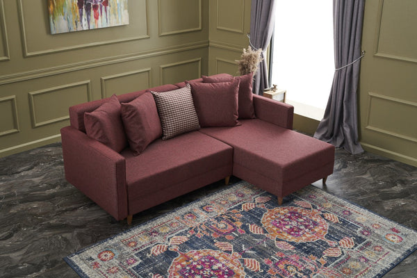 Sofá-Cama Chaise Longue Direito "Monaco" - Vermelho Tinto - 215x80x150 cm - Estrutura em Madeira de Faia - Design Moderno