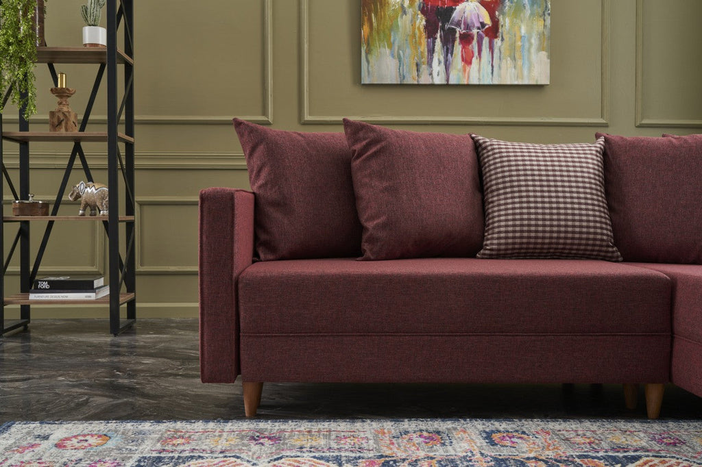 Sofá-Cama Chaise Longue Direito "Monaco" - Vermelho Tinto - 215x80x150 cm - Estrutura em Madeira de Faia - Design Moderno
