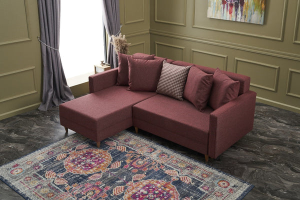 Sofá-Cama Chaise Longue Esquerdo "Monaco" - Vermelho Tinto - 215x80x150 cm - Estrutura em Madeira de Faia - Design Moderno