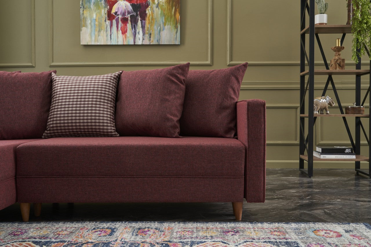 Sofá-Cama Chaise Longue Esquerdo "Monaco" - Vermelho Tinto - 215x80x150 cm - Estrutura em Madeira de Faia - Design Moderno