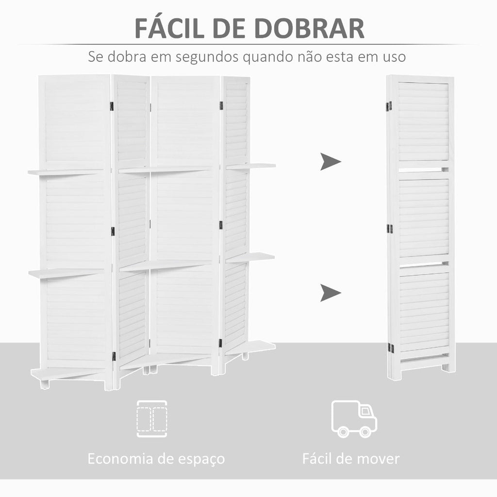 Biombo Branco de 4 Painéis Dobrável com 2 Prateleiras Removíveis - Design Japonês - Leva-Me Contigo - Móveis & Decoração