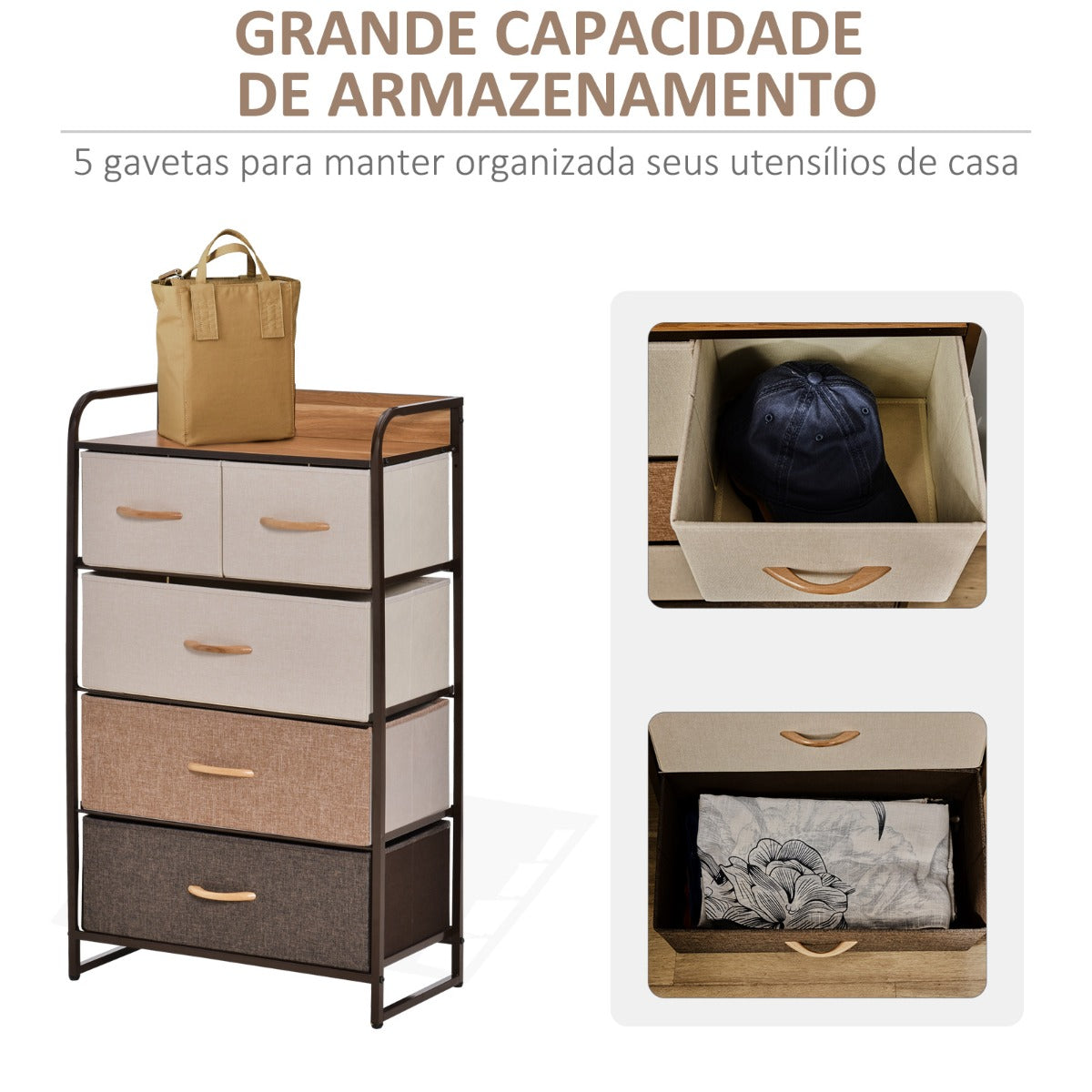 Móvel Tower com 5 Gavetas em Tecido - Design Rústico - Leva-Me Contigo - Móveis & Decoração