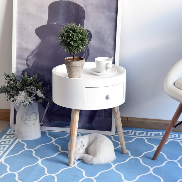 Mesa de Cabeceira com 1 Gaveta Mesa Auxiliar Redonda com Borda Elevada e 3 Pés de Madeira para Dormitório Sala de Estar Estilo Moderno Ø38x45 cm Branco