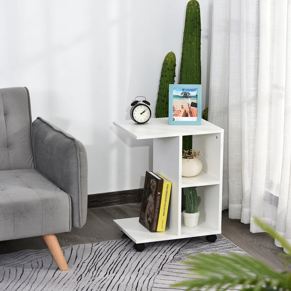 Mesa Auxiliar Moderna Mesa Auxiliar em Forma de C com Rodas e Prateleiras Abertas para Sala de Estar Dormitório 45x35x58 cm Branco