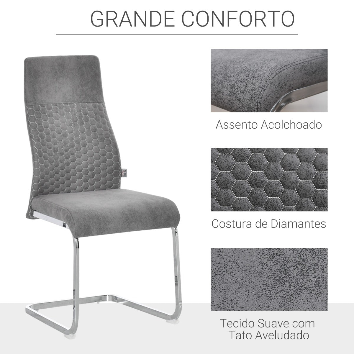 Conjunto de 4 Cadeiras de Sala de Jantar Estofadas em Veludo com Assento Acolchoado e Pés de Metal Cadeiras Cantilever Modernas 45x61x98cm Cinza