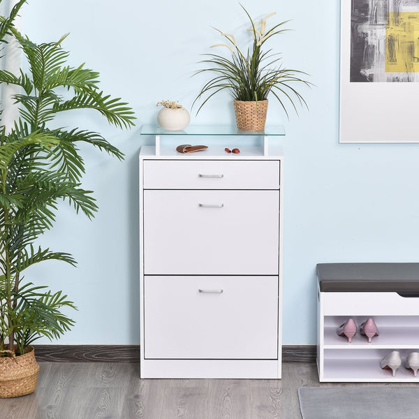 Móvel Sapateiro de 2 Portas Sapateiro Estreito para 12 Pares de Sapatos com Gaveta Prateleira Aberta e Bancada de Vidro para Corredor Entrada 60x24x105,5cm Branco